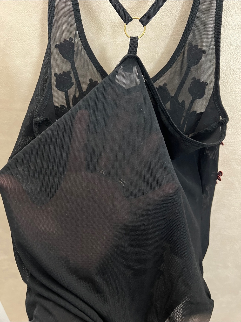 TOP CHIC Black Mesh Floral Embroidered Bodysuit with Pink Roses - Picture 9 of 13